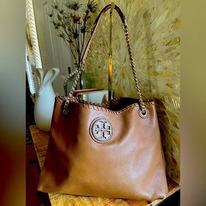 TORY BURCH Leather Whipped Stitch Tote with Convertible Chain Strap